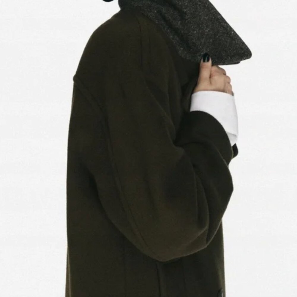 NWT Zara Monteco Wool Double-Breasted Long Coat with Gray Collar/ Olive Green M - Picture 6 of 16